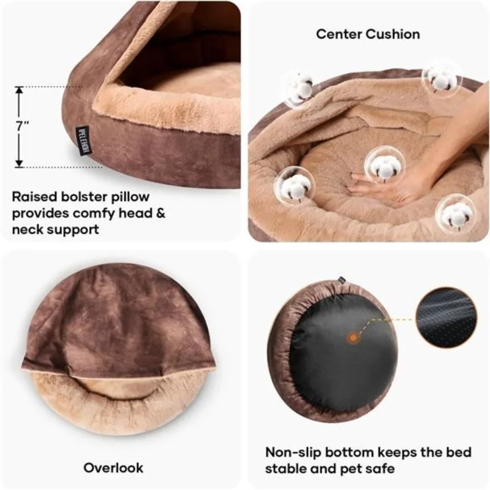Bed with Cover Cozy Soft Cat Bed Washable Warming Calming Pet Round Bed (Medium)